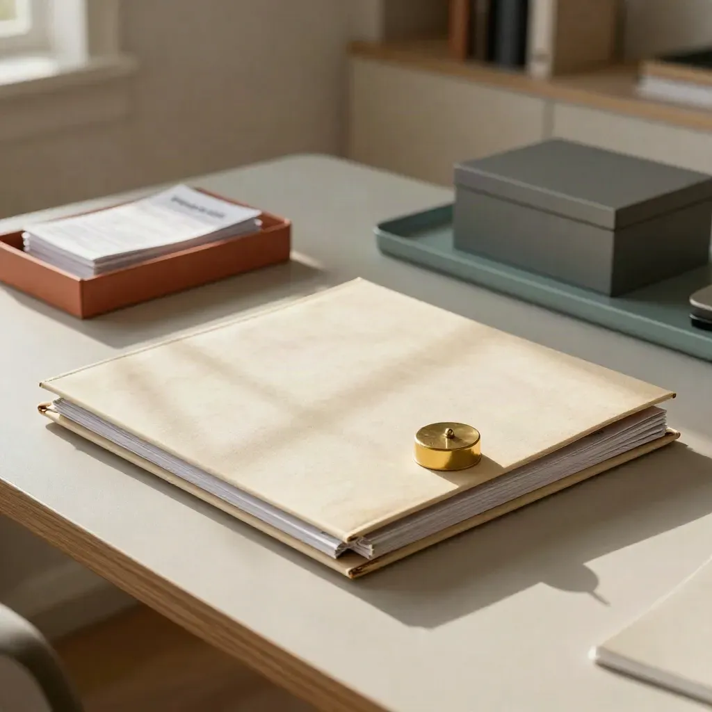 Tax summary folder, receipt tray and brass paperweight on an ash desk in warm late-afternoon light