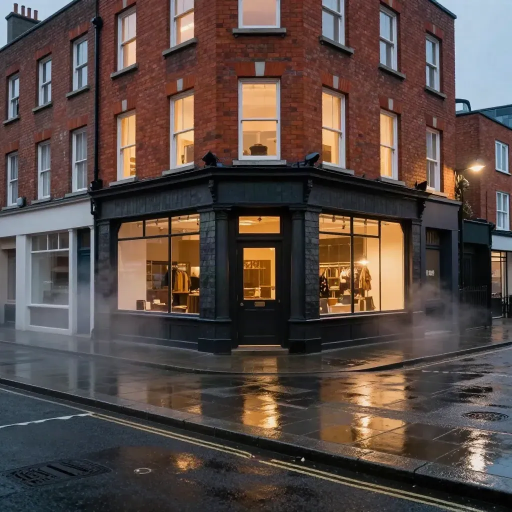 Rainy blue-hour view of a glowing Dublin corner building with shopfronts and upper flats