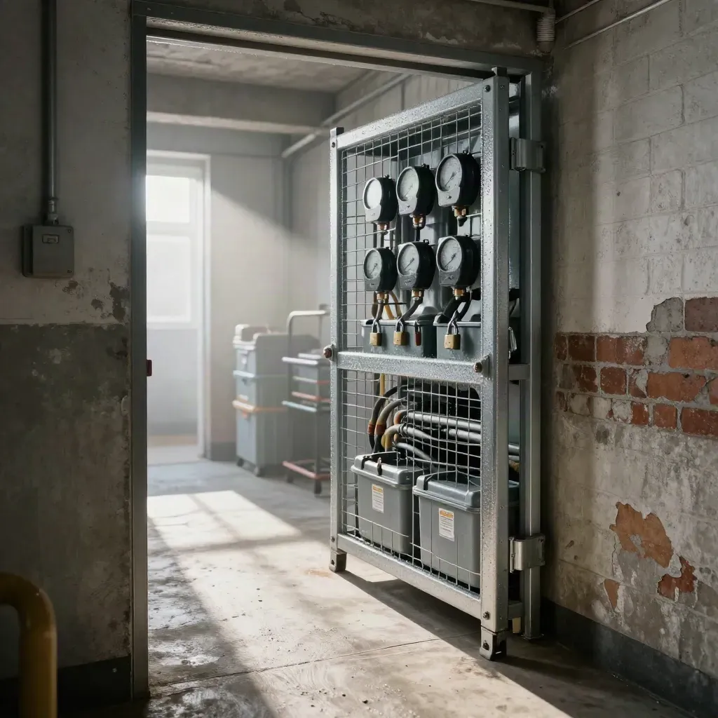 Basement utility corridor with open cage, meters, and maintenance boxes in sunrise light