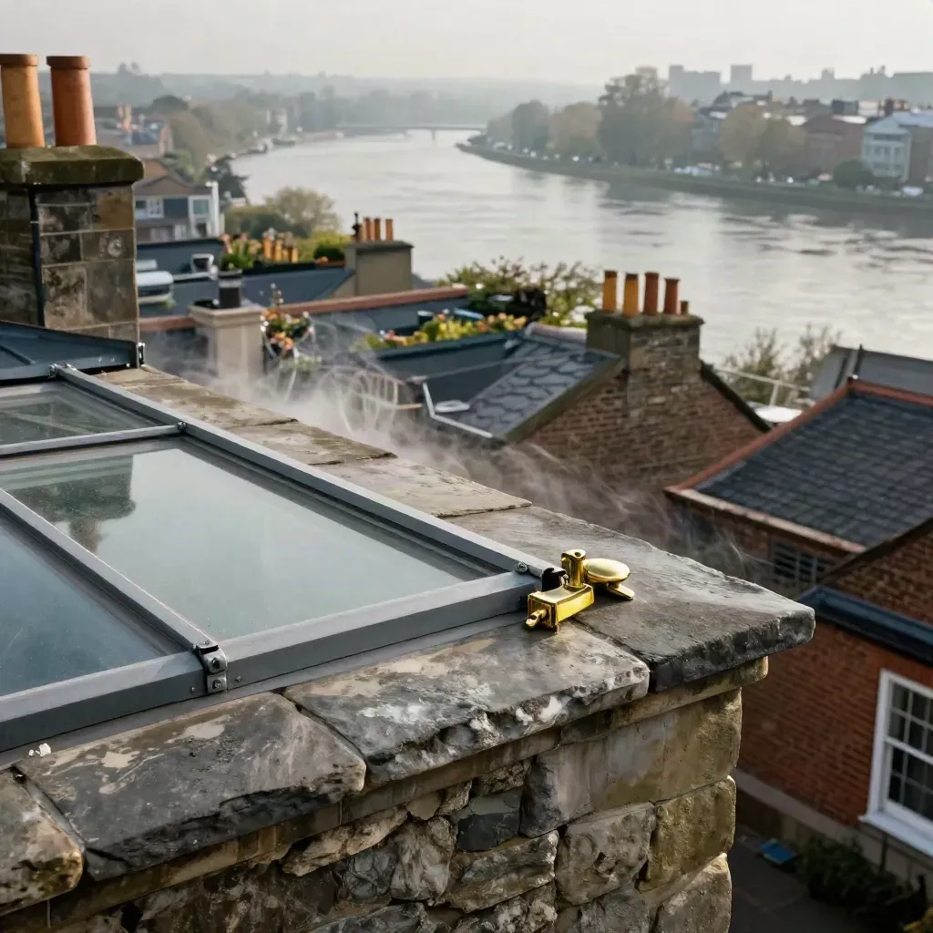 Rooftop parapet and skylight overlooking brick terraces and a hazy riverline at bright noon.