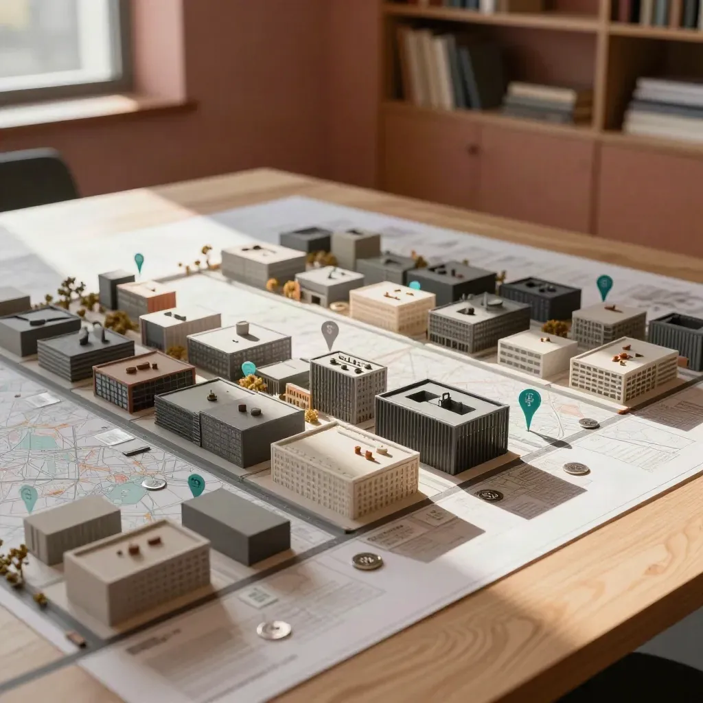 City-block scale model with teal markers on a long table in late-afternoon review light.