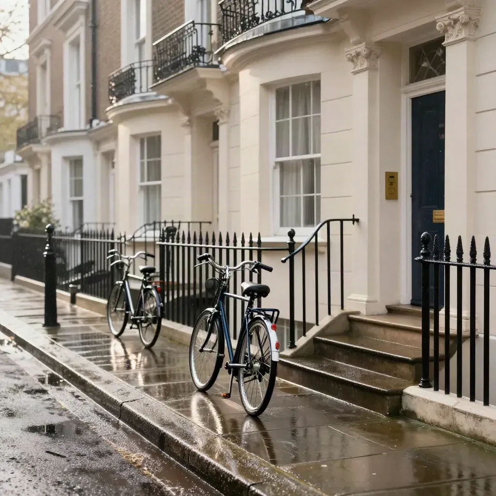 Rainy London terrace street with sash windows, black railings, and parked bicycles.