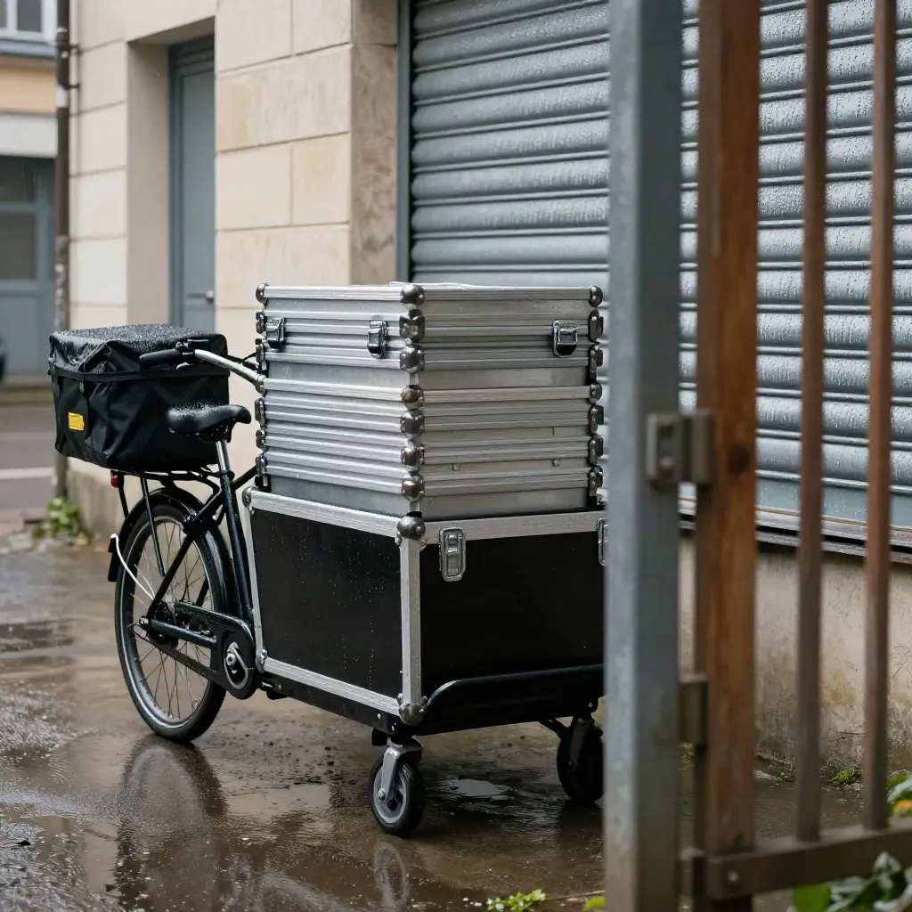 Berlin workshop courtyard with service cases, cargo bike, wet shutters, and rain-dark concrete.