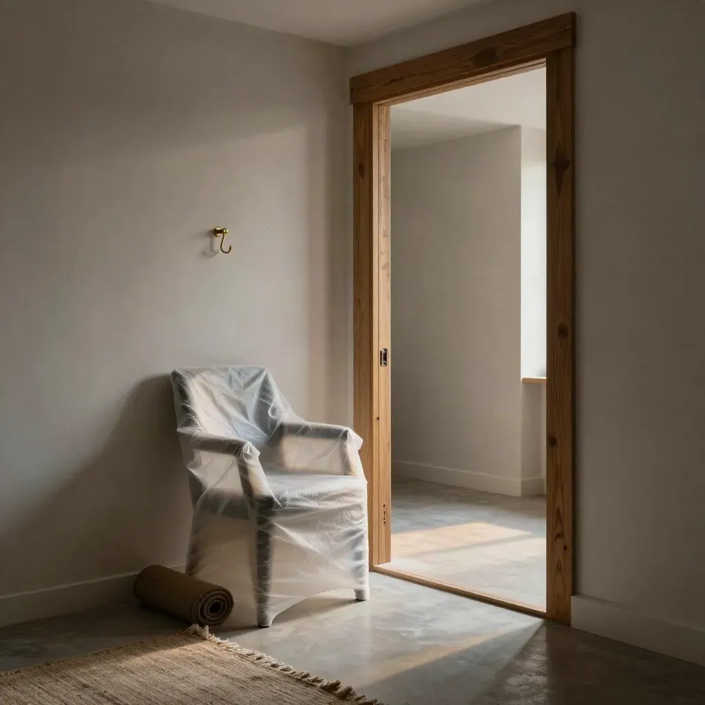 Paris apartment doorway with wrapped chair, rolled rug, and empty wall hook at dusk