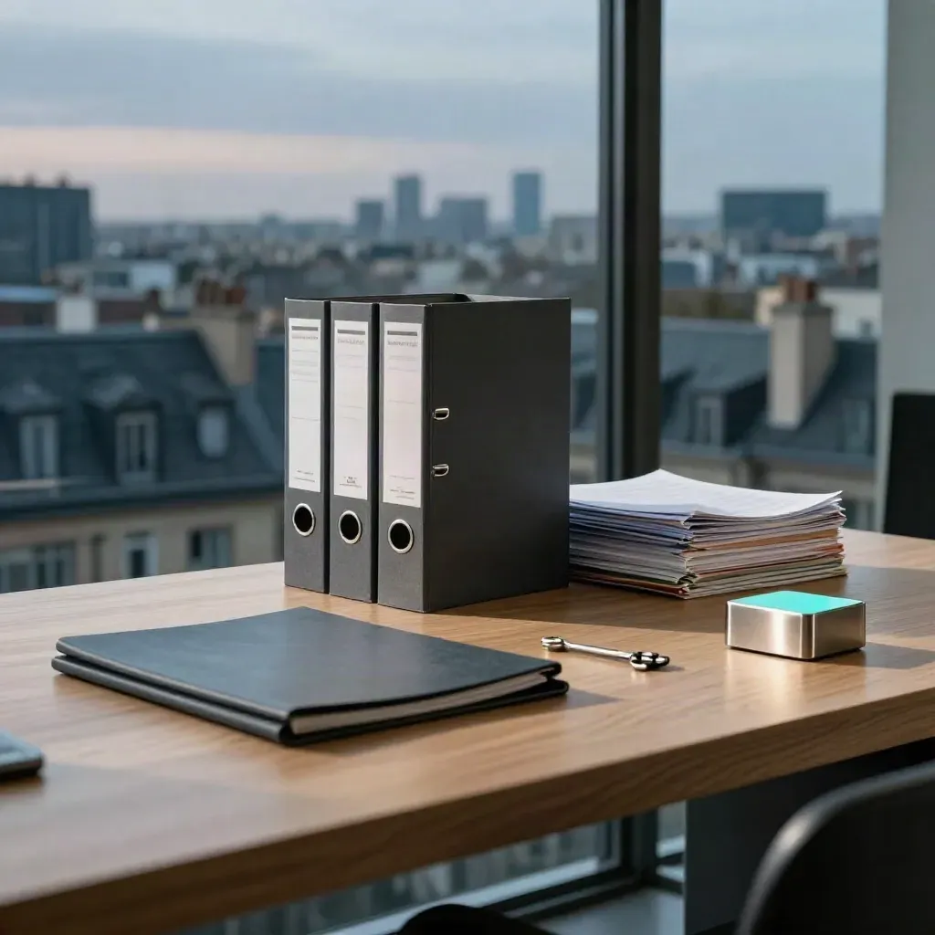 Glass-walled office at dusk with file box and skyline over a desk edge