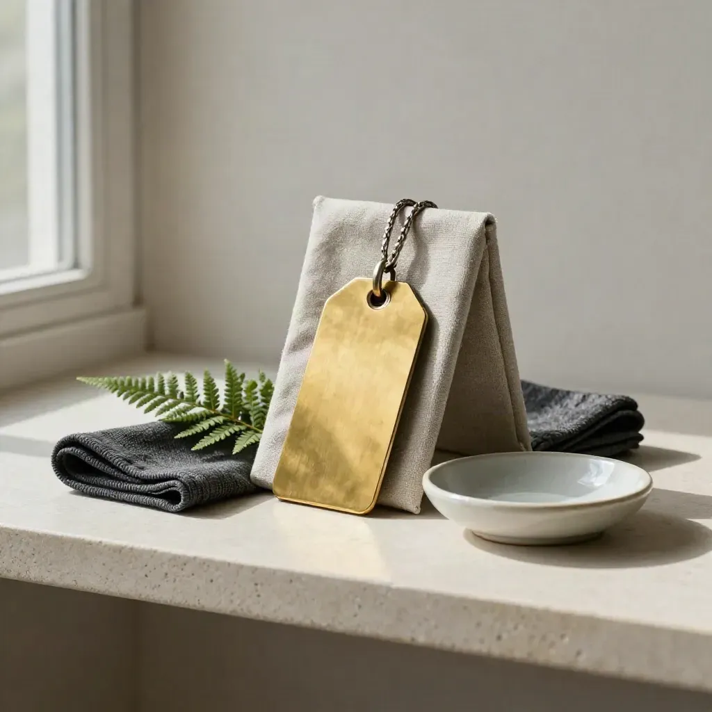 Brass asset tag clipped to linen folder with fern, cloth and dish on a stone shelf.