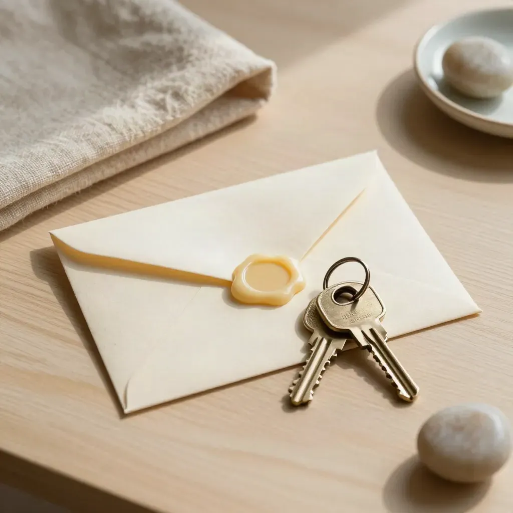 Wax-sealed envelope, key ring and stone paperweight on a pale oak desk in soft light