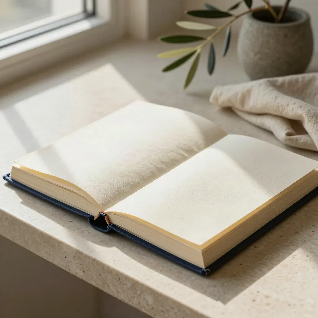 Open appraisal folio with linen cloth and olive branch on travertine shelf in soft daylight