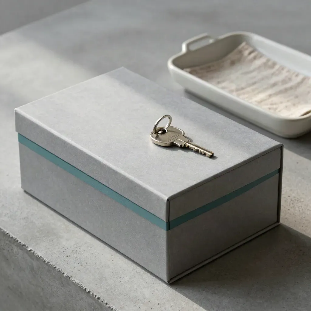 Archive box, house key and linen-lined catch tray on concrete, styled for disposal planning.