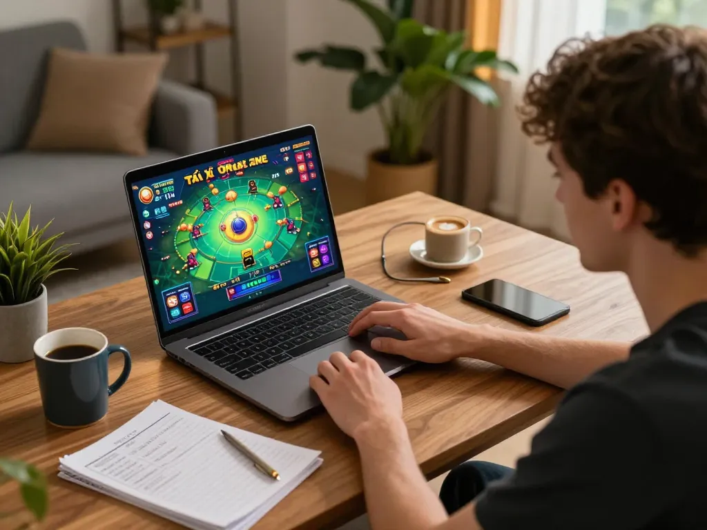 User playing Tài Xỉu Online at home, enjoying engaging gameplay on a laptop with strategy notes, creating a lively atmosphere.