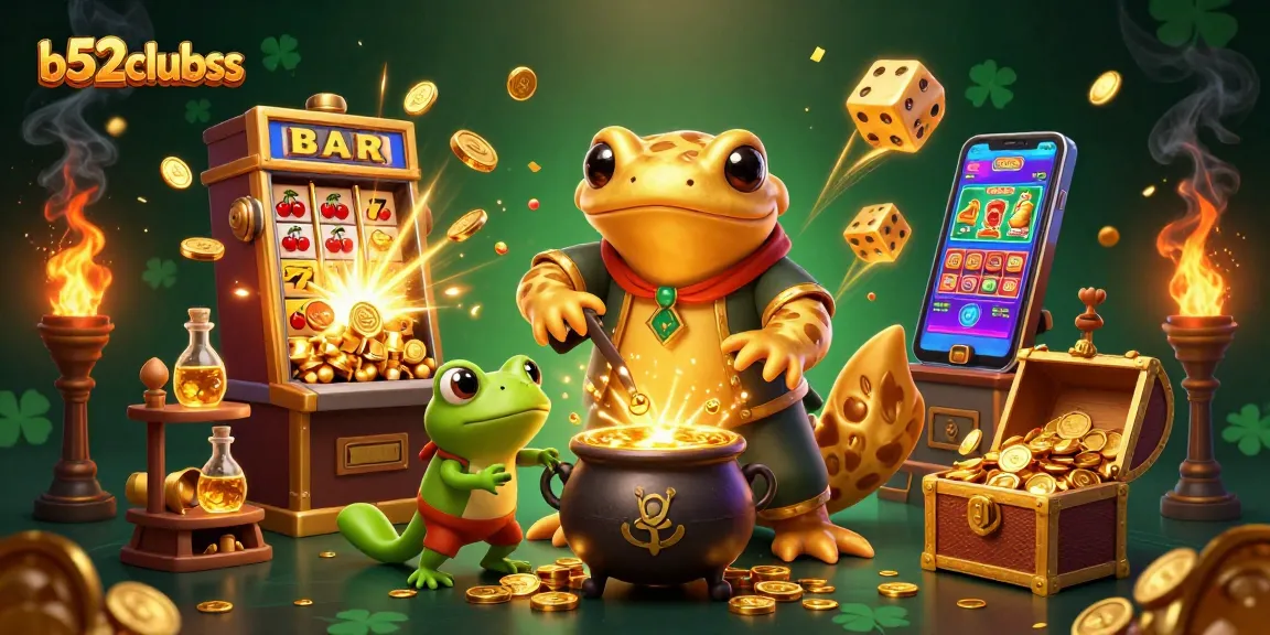 B52clubss showcases a vibrant 3D casino scene with alchemists and an explosion of slot machine wins.