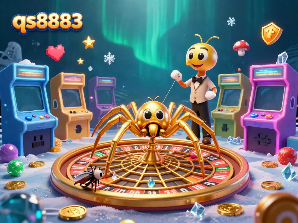 Catch the excitement of qs8883 with a giant spider dealer amidst colorful arcade machines in this vibrant casino scene.