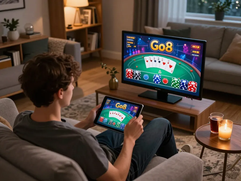 Engaging gameplay on Go8 poker app in a cozy home setting with warm ambiance