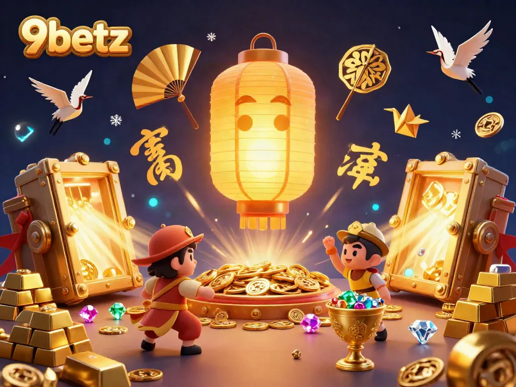 Experience the excitement of 9betz with a vibrant casino scene filled with golden treasures and lucky symbols.