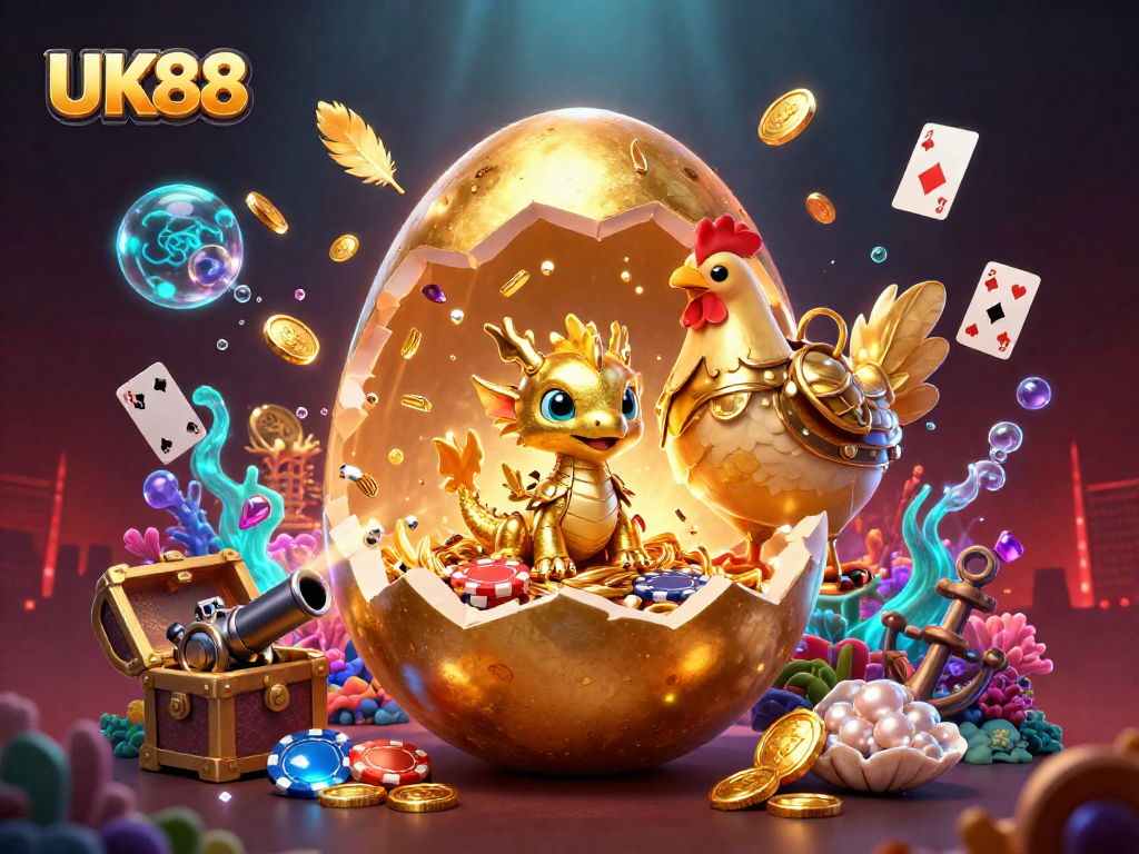 Win big with UK88's golden dragon guarding poker chips and casino treasures!
