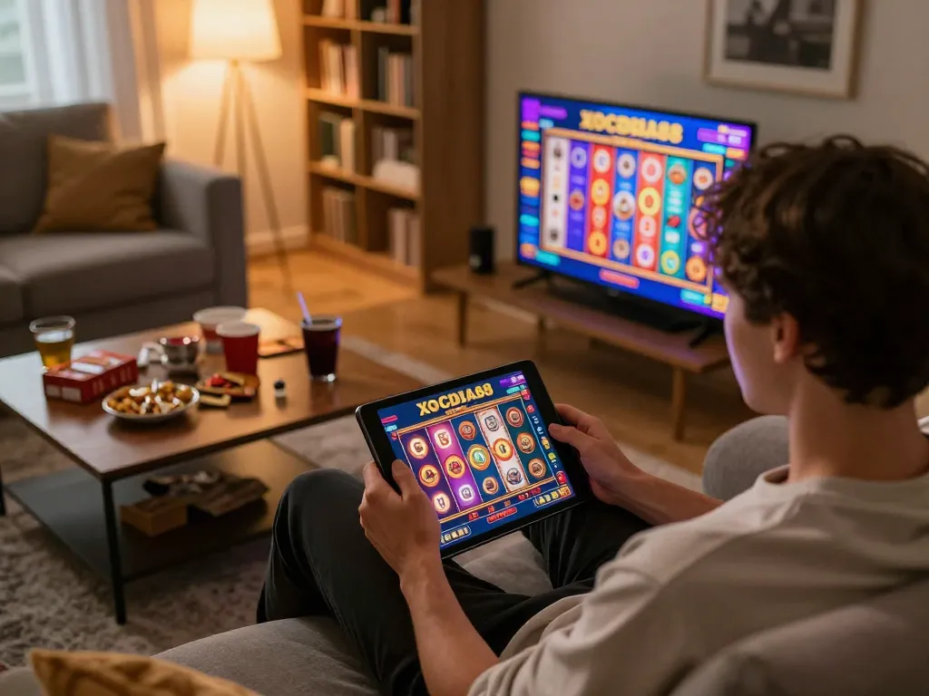 Player enjoying XOCDIA88 online gaming experience on a tablet with vibrant slot machine display