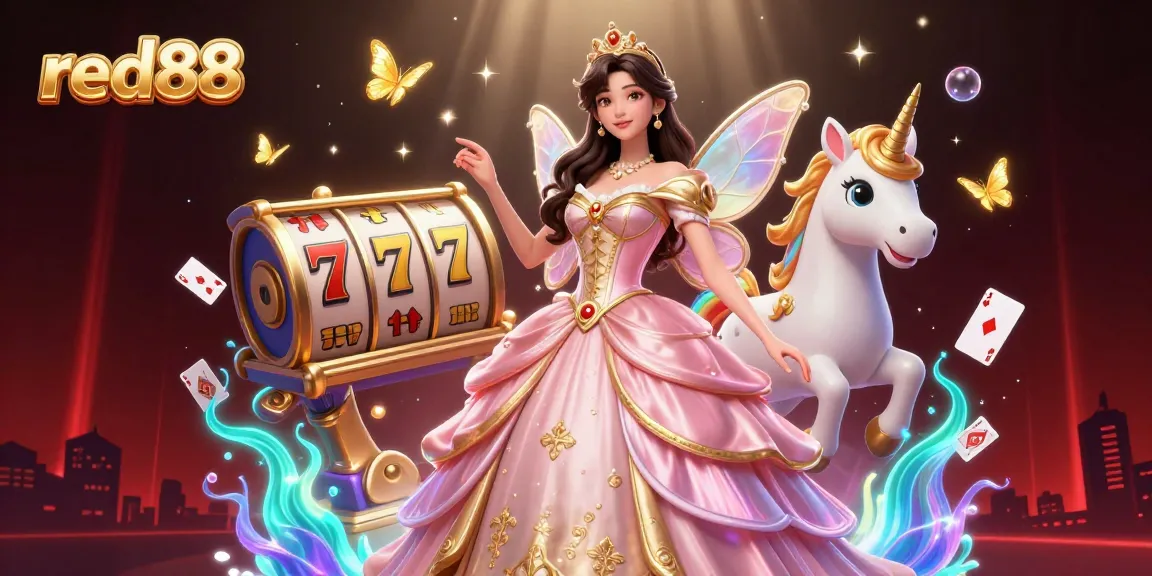 Engage in thrilling gameplay at red88 featuring vibrant slot reels and a charming unicorn in a fantasy setting.