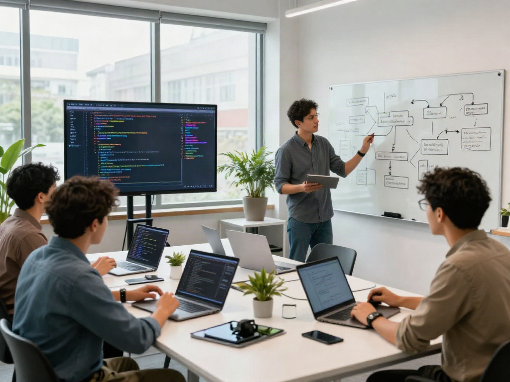 Team of software engineers collaborating in a vibrant workspace, showcasing innovative tech development as they crush on new coding projects.