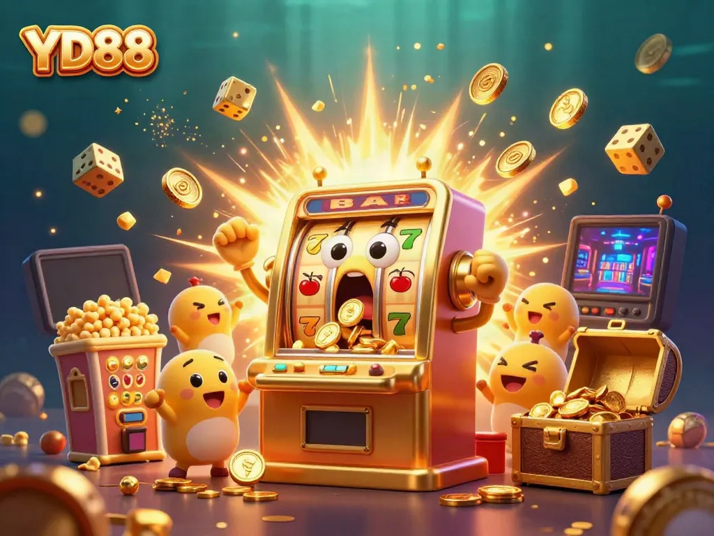 Celebrate wins with YD88 as a joyful golden slot machine hits the jackpot, surrounded by cheering companions.