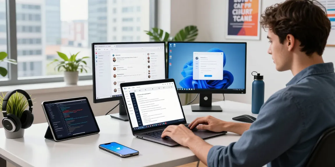 Using Telegram Web Version on a laptop in a modern workspace with tech gadgets.