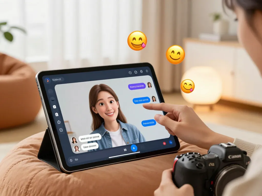 Engaging user interaction with crush ai character on digital tablet in modern setting