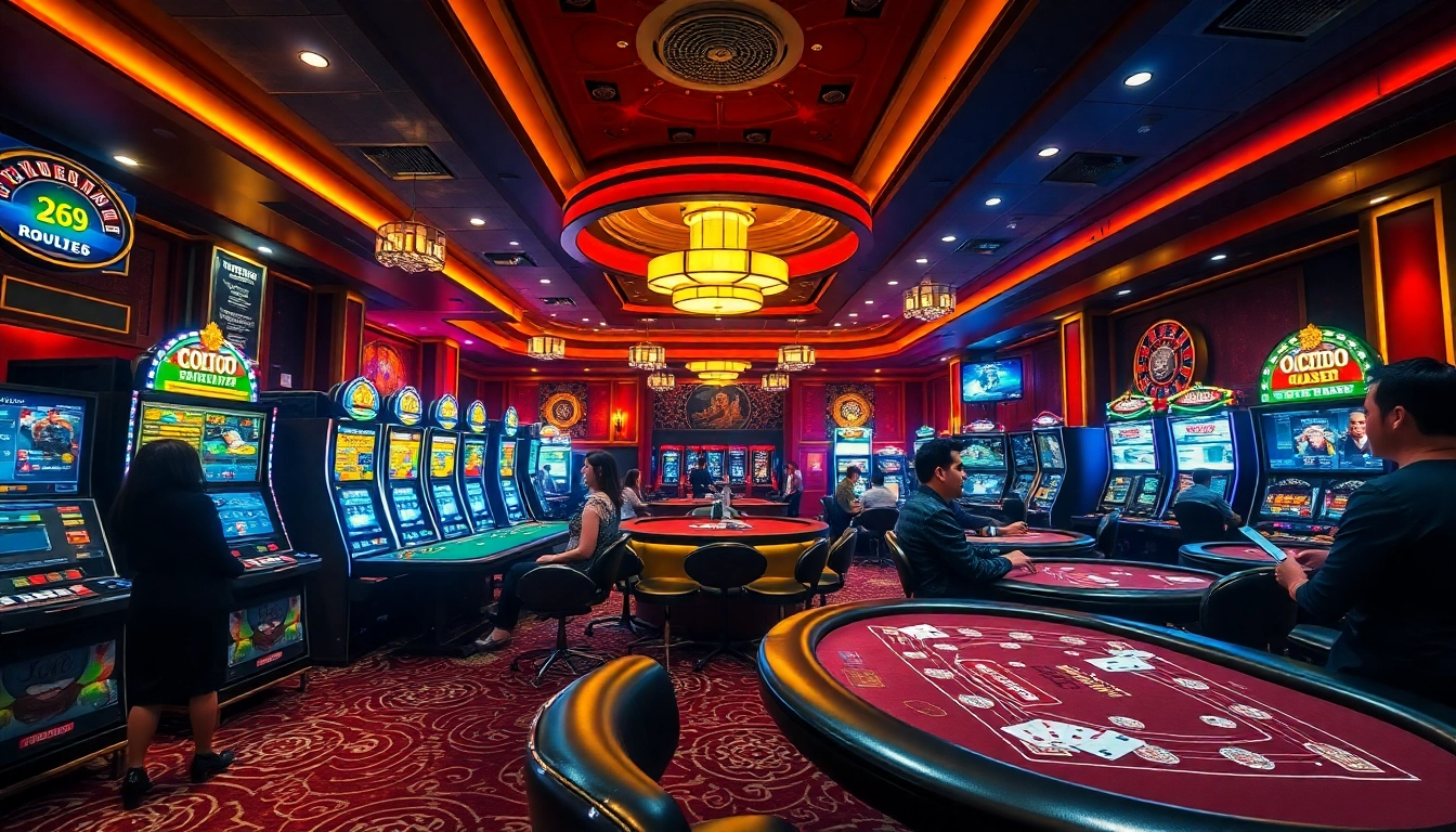 Experience the excitement of nhà cái OK365 with a vibrant casino scene filled with poker tables and slot machines.