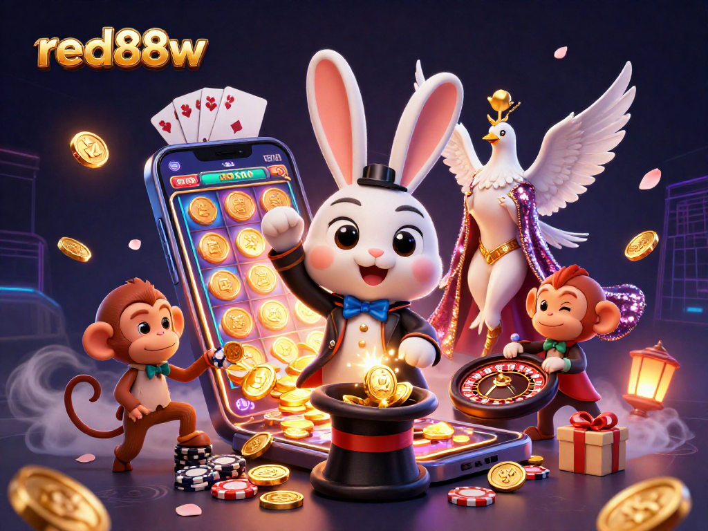 Win big with red88w in this vibrant 3D casino scene filled with fun characters and gaming elements.