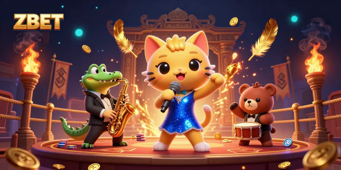 ZBET showcases an exciting casino scene with a singing cat, saxophone crocodile, and drumming bear.