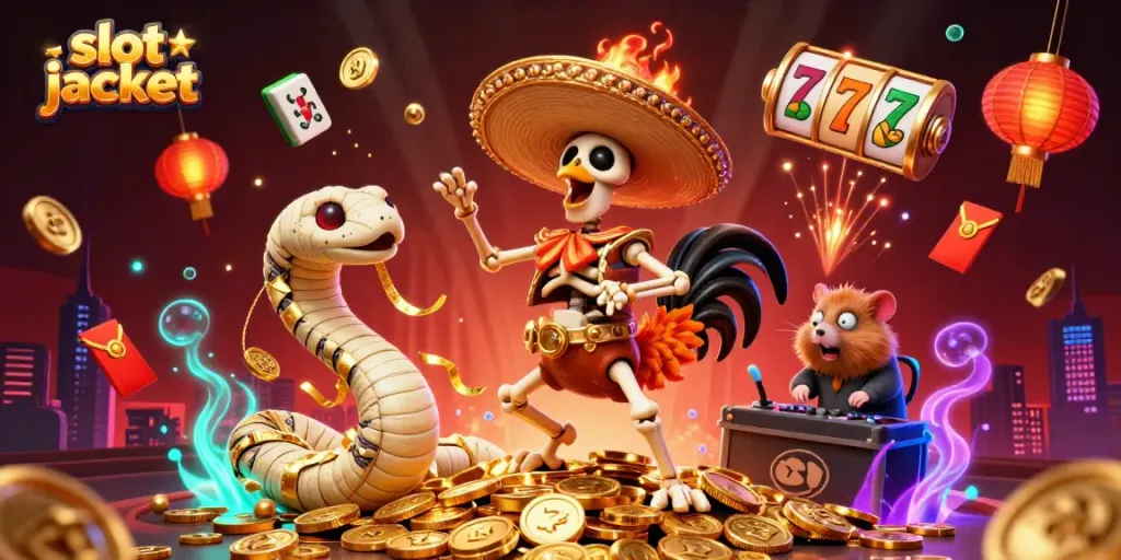 Experience thrilling slot jackpot moments with this vibrant dance of animated characters amidst gold coins.