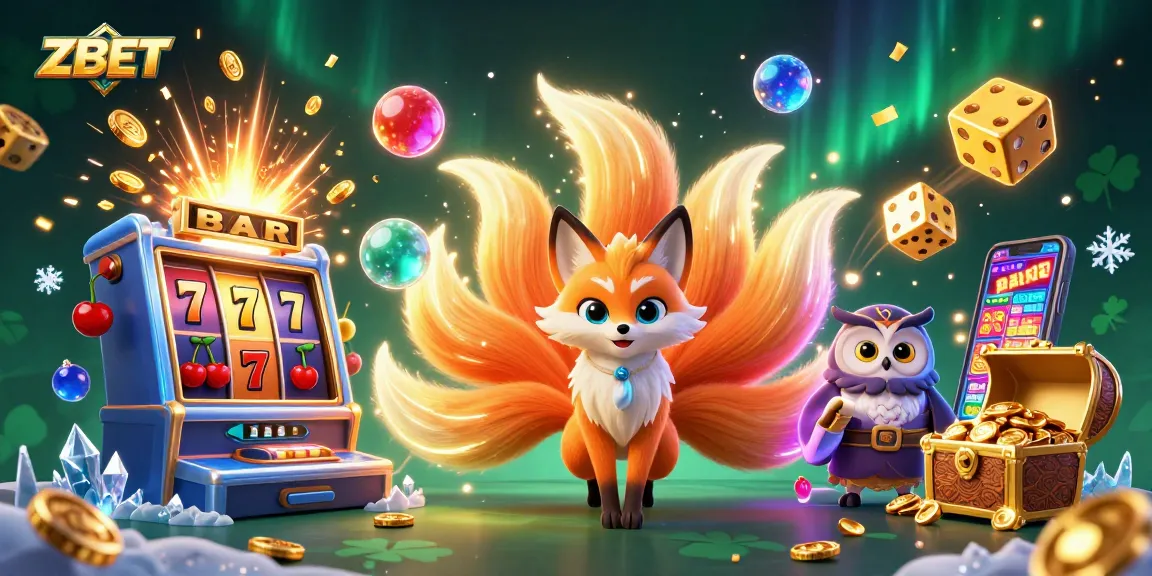 ZBET showcases a vibrant nine-tailed fox and wise owl amid exciting casino elements like slot machines and golden dice.