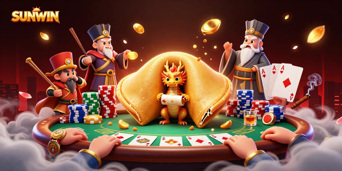 Experience thrilling gaming at SUNWIN with vibrant visuals of poker chips and epic fortune characters.