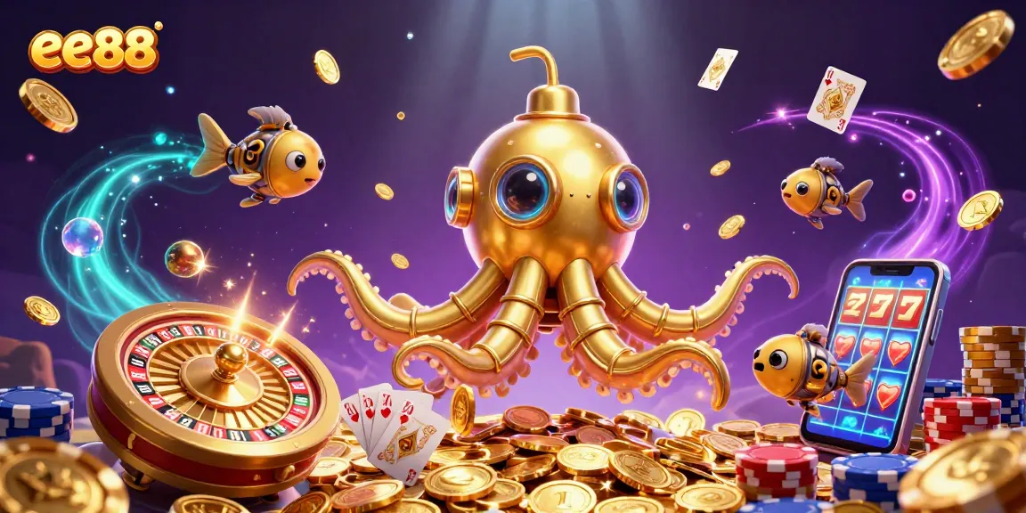 Win big at ee88 with vivid 3D casino illustration showcasing a golden kraken and dynamic gaming elements.