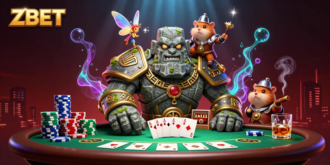 ZBET players engage in thrilling poker at a vibrant casino with magical elements.