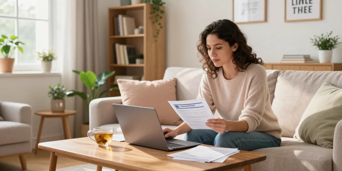 Woman planning to cancel my timeshare in a cozy living room, surrounded by paperwork and a laptop.