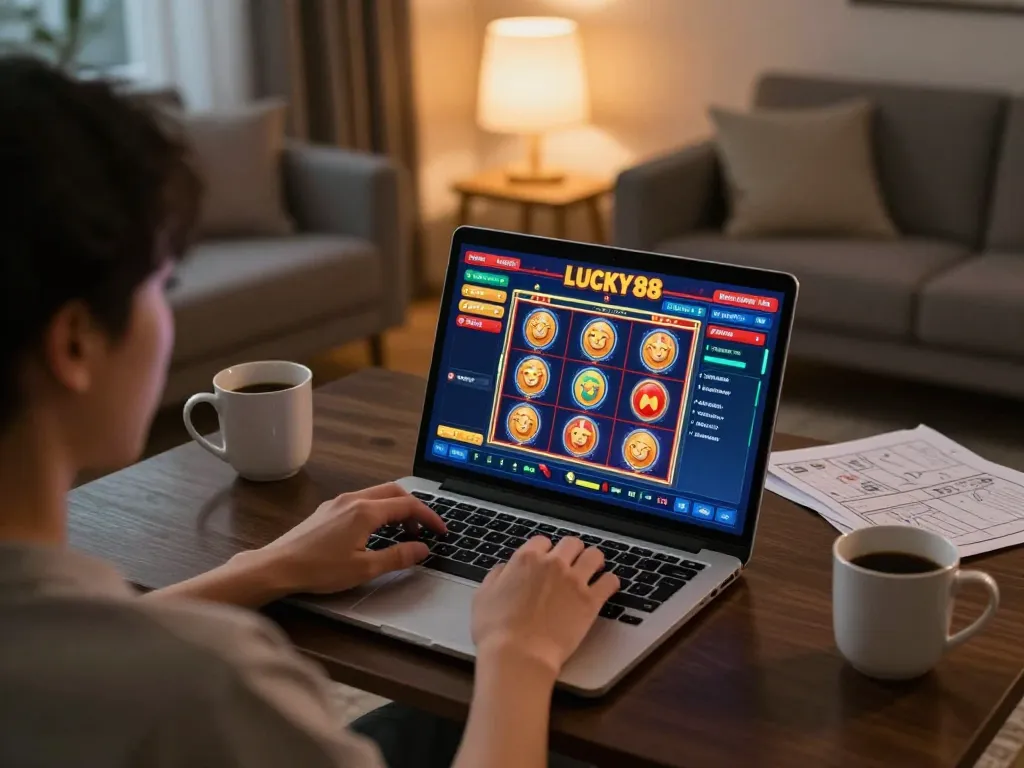 Person playing LUCKY88 online casino games on a laptop in a cozy living room, showcasing vibrant gameplay.