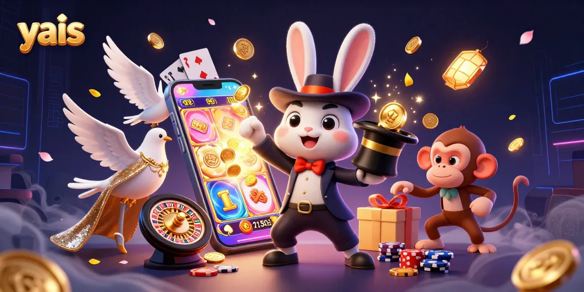 yais casino magician scene with coins, poker chips, and vibrant gaming elements