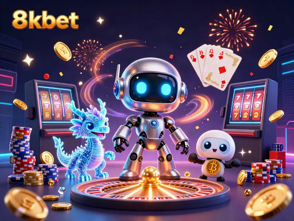 Join the thrilling action at 8kbet with dynamic gaming elements, showcasing vibrant casino scenes.