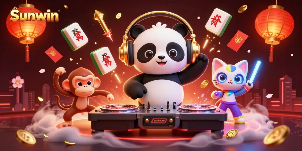 Sunwin gaming illustration with a DJ panda spinning wheels and animated characters celebrating.