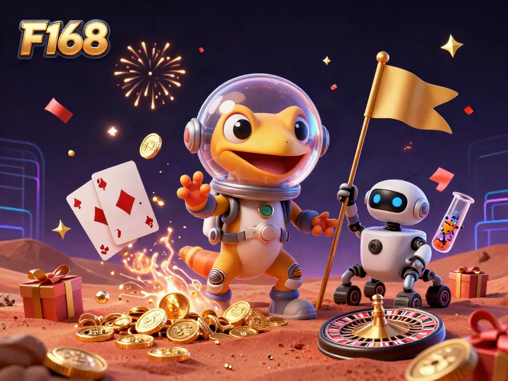 Experience the thrill of F168 with a Martian gecko discovering a golden casino amidst colorful game elements and festive atmosphere.