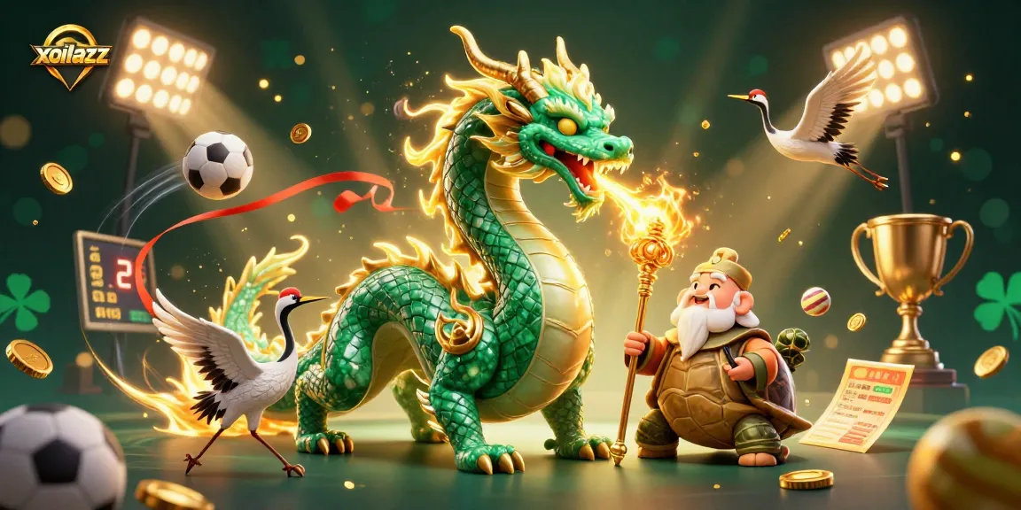 Xoilacz showcases a dynamic 3D illustration featuring a jade dragon, turtle sage, and cranes amidst sports elements and golden coins in an energetic scene.