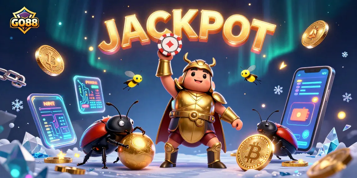 Spin and win at GO88 with a cheering beetle duo and fireflies announcing JACKPOT!
