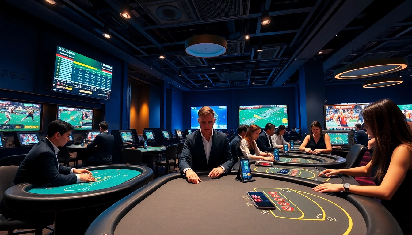 Exciting atmosphere of nhà cái go99 with players engaged in live casino games and sports betting.