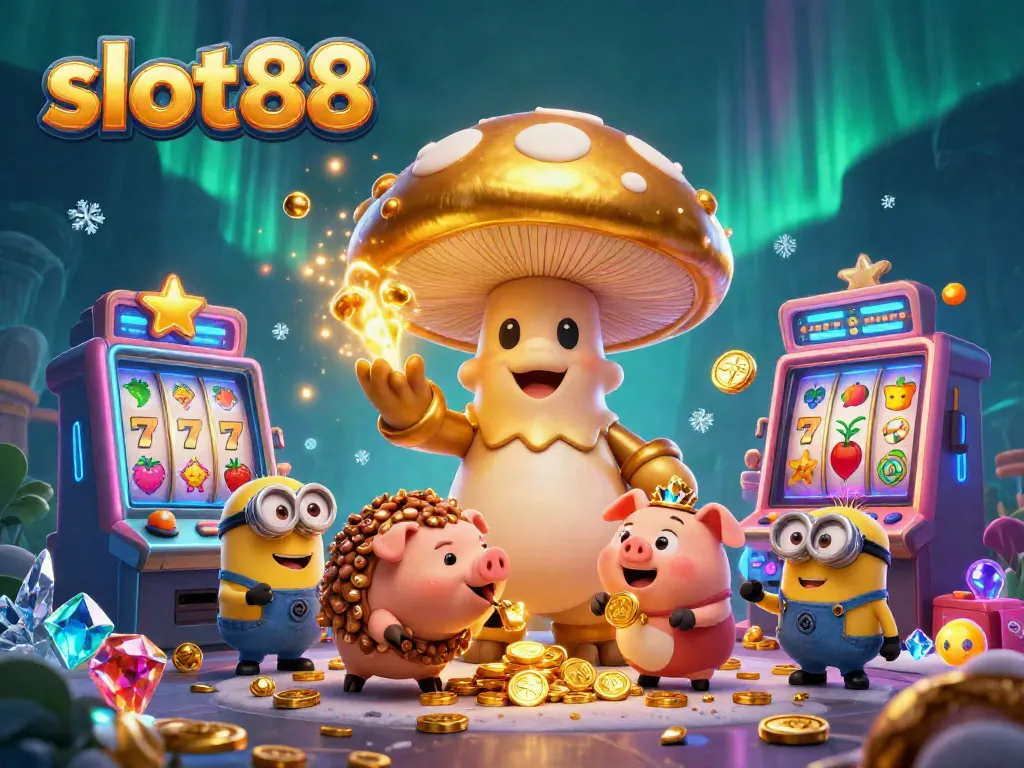 Experience the excitement of slot88 with vibrant 3D characters and golden treasures in a dynamic casino scene.