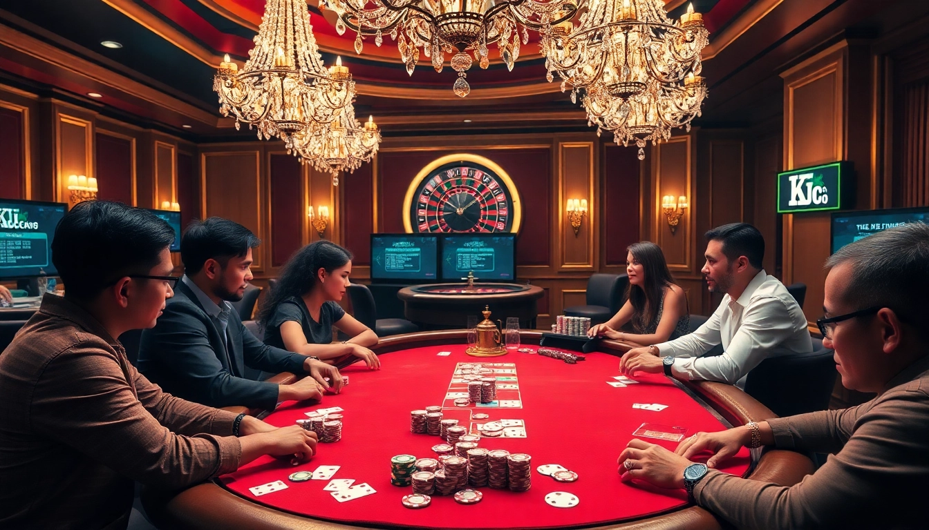 KJC players strategizing at a vibrant poker table in a luxurious casino environment.