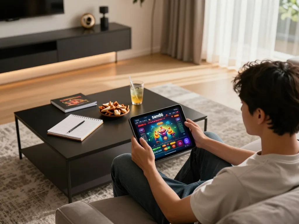 Engaging with sam86 casino app on tablet in a cozy home gaming setup.