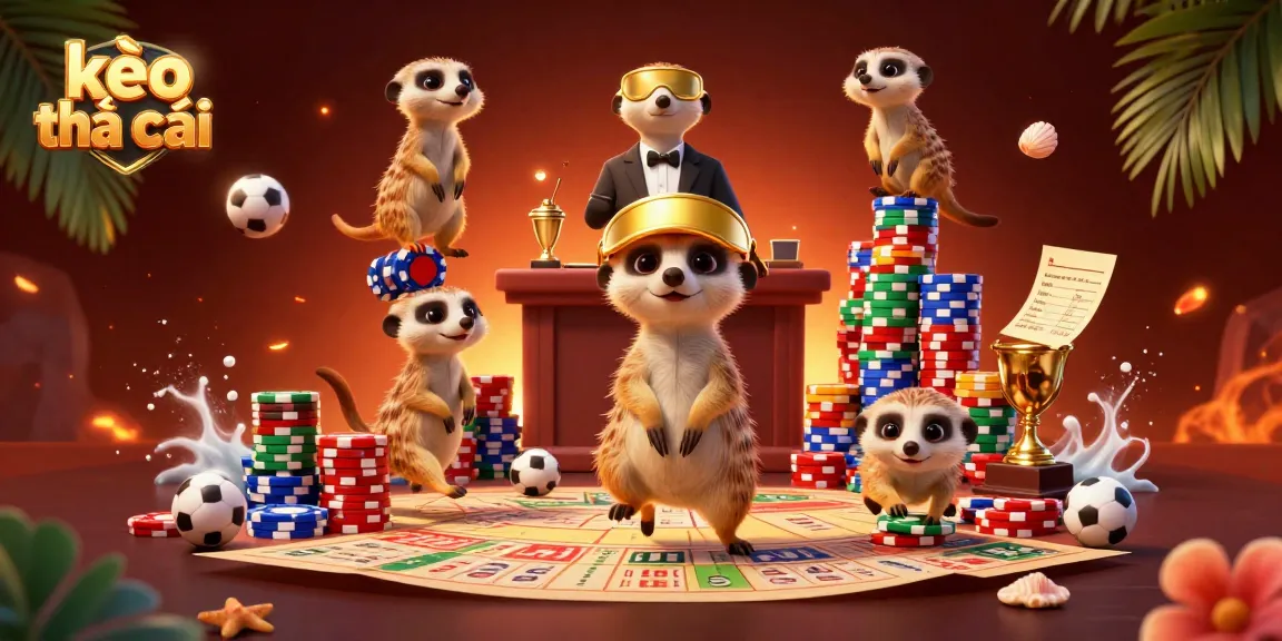 Experience thrilling sports betting at kèo nhà cái with colorful chips and dynamic meerkat characters.