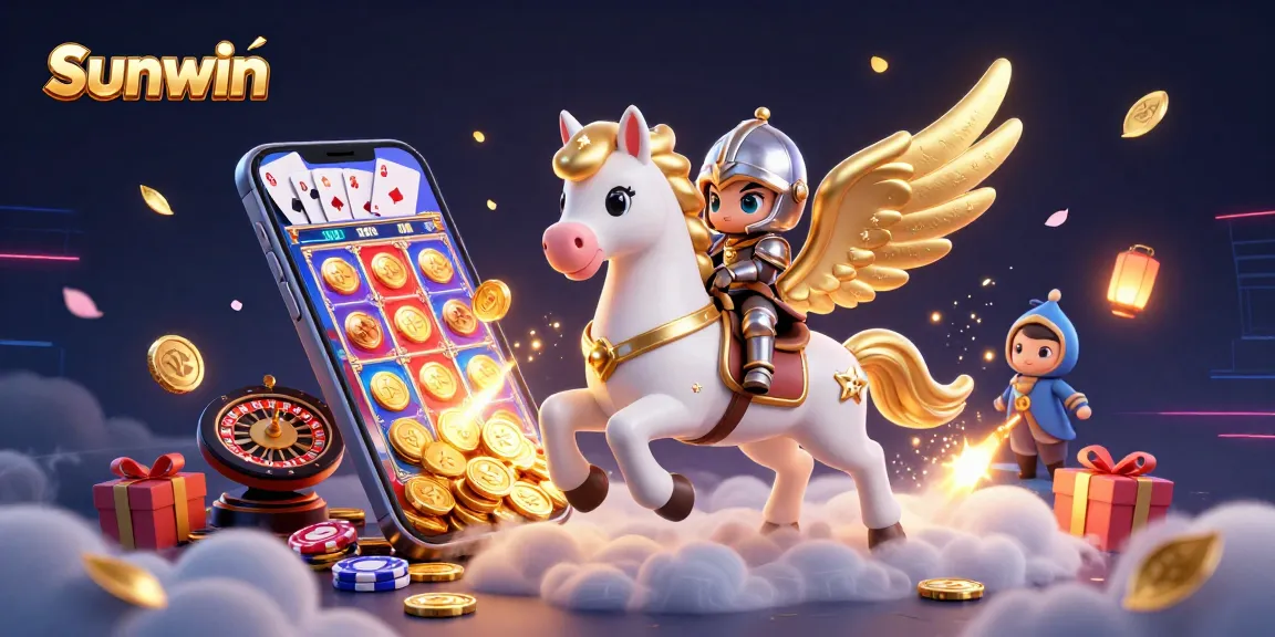 Engage with exciting games at Sunwin, featuring a celestial horse and vibrant casino elements.