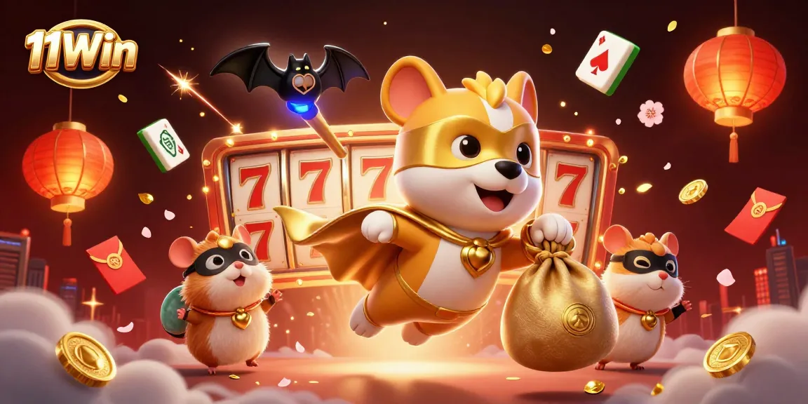 Engage with 11Win's thrilling casino adventures led by a superhero dog and sidekick amidst vibrant gaming elements.