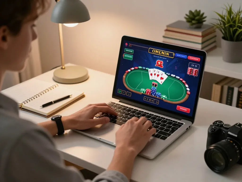 Player winning a hand in online casino game DA88, vibrant poker interface displayed on laptop.