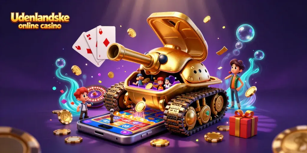 Play at udenlandske online casino with a vibrant 3D illustration showcasing slot games and bonuses.